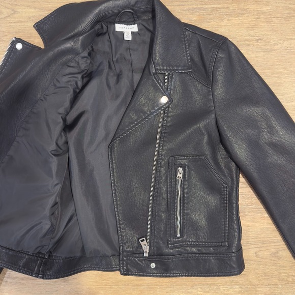 Topshop Faux Leather Black Moto Jacket Womens Size US 8-Zipped Sleeve-Super Cute - Picture 14 of 16